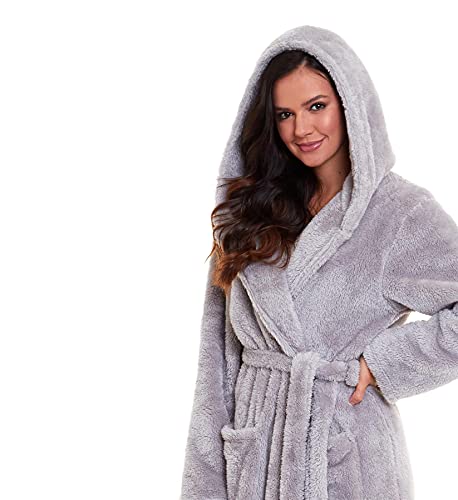 Daisy Dreamer Womens Snuggle Fleece Dressing Gown Robes Extra Long Super Soft Cuddly Velvet Touch Plush Bathrobe Gowns For Ladies, Snuggle Grey Medium 12-14