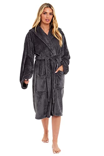 Daisy Dreamer Womens Hooded Dressing Gown Robes Flannel Fleece Long Super Soft Plush Robe Bathrobe Gowns for Ladies (Charcoal, M)