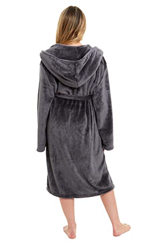 Daisy Dreamer Womens Hooded Dressing Gown Robes Flannel Fleece Long Super Soft Plush Robe Bathrobe Gowns for Ladies (Charcoal, M)