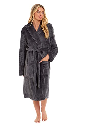 Daisy Dreamer Womens Hooded Dressing Gown Robes Flannel Fleece Long Super Soft Plush Robe Bathrobe Gowns for Ladies (Charcoal, M)
