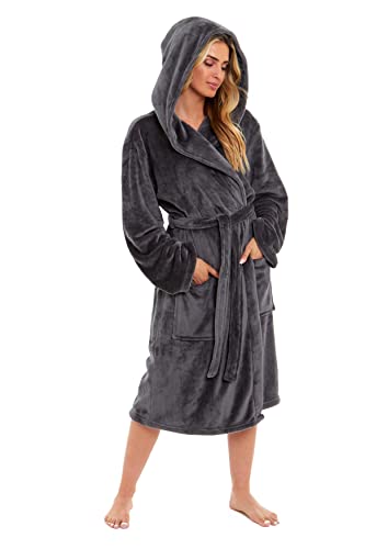 Daisy Dreamer Womens Hooded Dressing Gown Robes Flannel Fleece Long Super Soft Plush Robe Bathrobe Gowns for Ladies (Charcoal, M)
