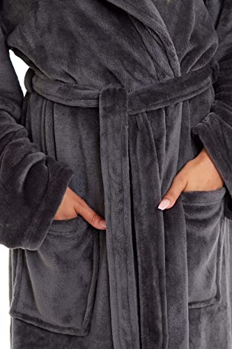 Daisy Dreamer Womens Hooded Dressing Gown Robes Flannel Fleece Long Super Soft Plush Robe Bathrobe Gowns for Ladies (Charcoal, M)