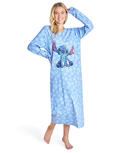 Disney Nighties for Women, Long Sleeve Nightdress Mickey Minnie Stitch Gifts (Blue Stitch, M)