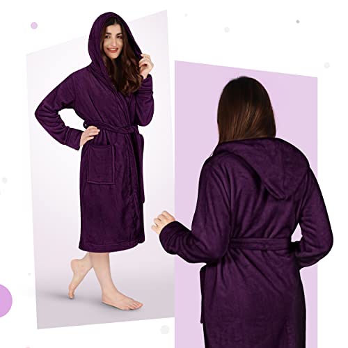 NY Threads Luxury Ladies Hooded Dressing Gown | Super Soft Fleece Women's Robe | Comfortable Loungewear and Nightwear (as8, alpha, m, regular, regular, Plum)