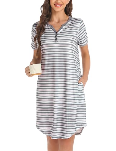 Nieery Women Soft Nighties Stripe Women's Nightdress Cotton Nightwear Comfy Nightshirt Oversized Chic Sleepwear Short Sleeve Pajama Night Dress Nightgown Loungewear Grey L