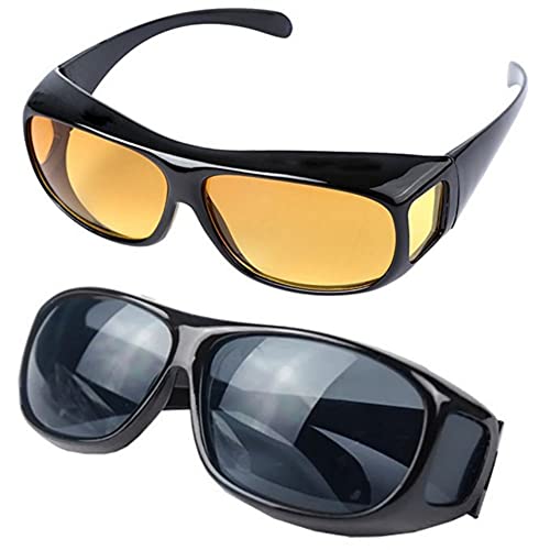 AKAMAS 2 Pack HD Night Day Vision Driving Wrap Around Anti Glare Sunglasses with Polarized Lens for Man and Women