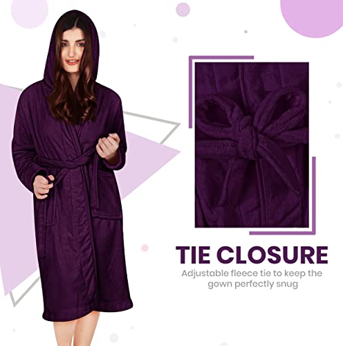 NY Threads Luxury Ladies Hooded Dressing Gown | Super Soft Fleece Women's Robe | Comfortable Loungewear and Nightwear (as8, alpha, m, regular, regular, Plum)