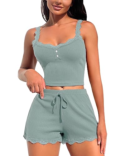 RSLOVE Women Pyjamas Lace PJ Set for Women Top and Shorts Sexy Sleepwear Light Blue Large