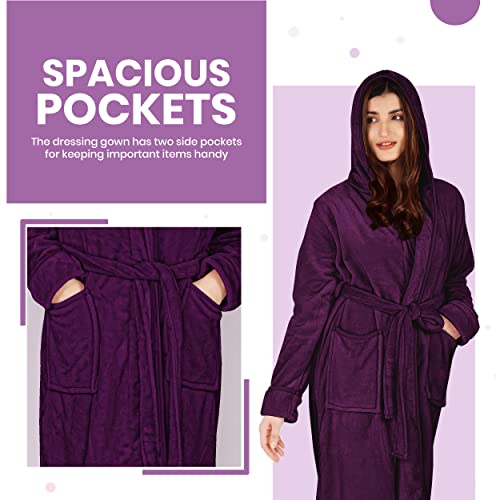 NY Threads Luxury Ladies Hooded Dressing Gown | Super Soft Fleece Women's Robe | Comfortable Loungewear and Nightwear (as8, alpha, m, regular, regular, Plum)