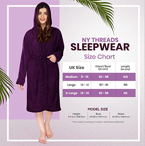 NY Threads Luxury Ladies Hooded Dressing Gown | Super Soft Fleece Women's Robe | Comfortable Loungewear and Nightwear (as8, alpha, m, regular, regular, Plum)