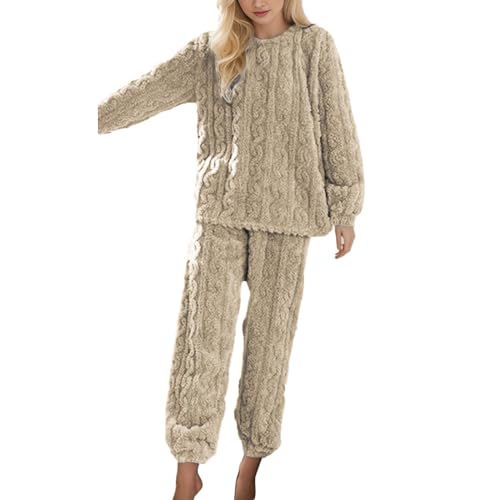 FeiliandaJJ Womens Pyjamas Fleece Pyjama Set Winter Long Sleeve Crew Neck Tops and Pants Casual Flannel Fluffy Loungewear Set Thick Pjs Housecoat Comfy Nightwear for Ladies Couples Sleepwear
