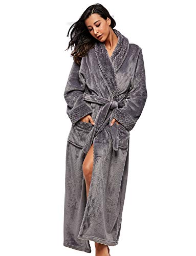 BELLOO Women Winter Soft Warm Housecoat Fluffy Fleece Dressing Gown Full Long, Grey Teal 16-20 UK