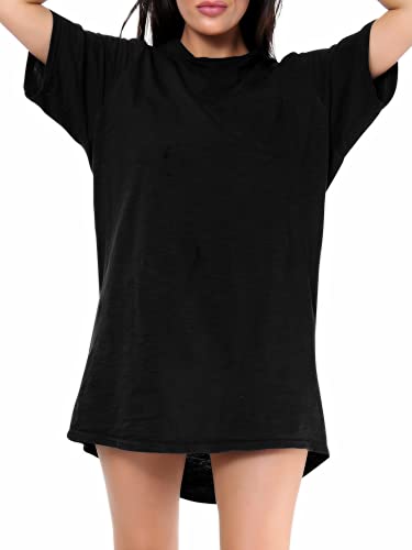Love My Fashions® Women’s Plain Cotton Night Wear Long T-shirt soft and comfy Nightdress for ladies With Front Pocket Crew Neck Short Sleeves Nightie Sleepwear Top plus Sizes UK=S-3XL Black