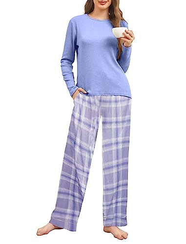Famulily Womens Pajama Sets Long Sleeve Autumn Nightwear Warm Pjs Lounge Sets with Adjustable Drawstring Sky Blue M