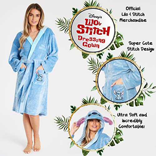 Disney Ladies Dressing Gowns Fleece Hooded Women's Robes Stitch Gifts (Blue, L)