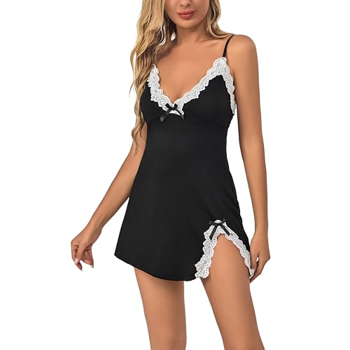 VicSec Women Lace Chemise Nightgown Sexy Babydoll Lingerie Night Dress Plus Size V Neck Full Slip Sleepwear Side Split Cotton Nightwear (2XL) Black