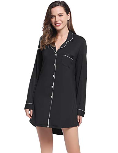 Amorbella Bamboo Cooling Night Dress for Women Long Sleeve Button Up/Down Night Shirt(Black,Medium)