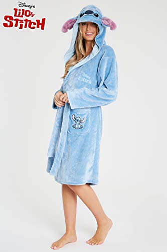 Disney Ladies Dressing Gowns Fleece Hooded Women's Robes Stitch Gifts (Blue, L)