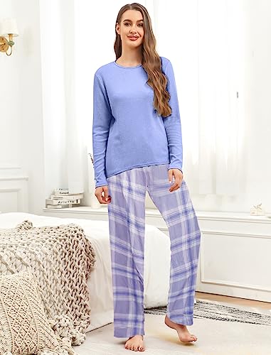 Famulily Womens Pajama Sets Long Sleeve Autumn Nightwear Warm Pjs Lounge Sets with Adjustable Drawstring Sky Blue M