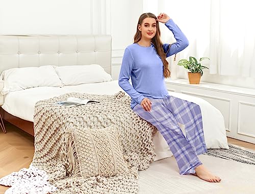 Famulily Womens Pajama Sets Long Sleeve Autumn Nightwear Warm Pjs Lounge Sets with Adjustable Drawstring Sky Blue M