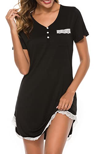 Vlazom Womens Nigthdress Sexy Night Shirt V Neck Short Sleeve Sleepwear Lace Trim Soft Nightgown, A Style-black, XXL