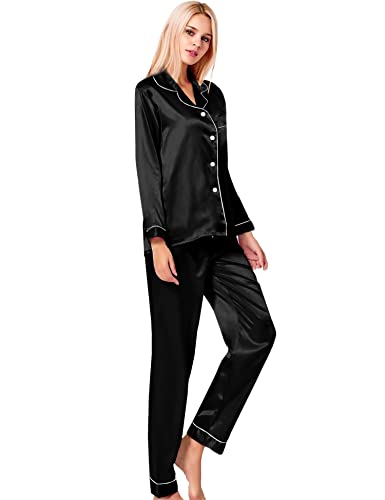 SWOMOG Satin Women Pyjamas Set Long Sleeve Pyjamas Button-Down Sleepwear Soft Silk Pjs Black