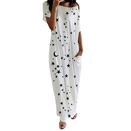 HOOUDO Long Nightdresses for Women Short Sleeve Round Neck Nightshirt Loose Baggy Soft Nightgown Sleep Dress Ladies Casual Sleepwear Nightdress with Pockets White