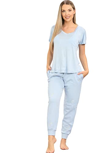 Ex High Street Brand Embroidered Pyjamas for Women, Short Sleeve Womens Pyjamas Cotton Ladies Pjs Women's Nightwear UK 8-26 Loungewear Pjs for Women Sets Blue