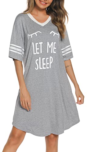 Vlazom Women's Nightdresses Soft Boyfriend V Neck Sleep Shirt Short Sleeves Nightshirt Oversized Nightgown Loungwear Sleepwear,Y-Grey,XXL