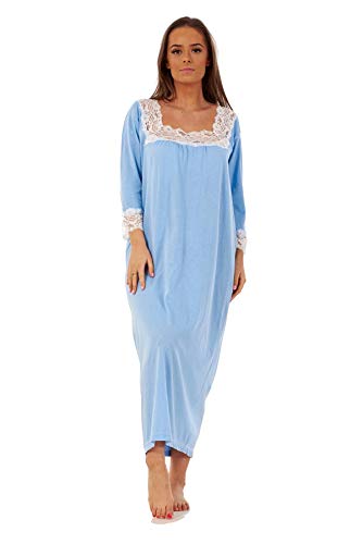 Apparel Women Long Nightdress Lace 100% Cotton 3/4 Sleeve Nightgowns Sleepwear M to XXXL Blue