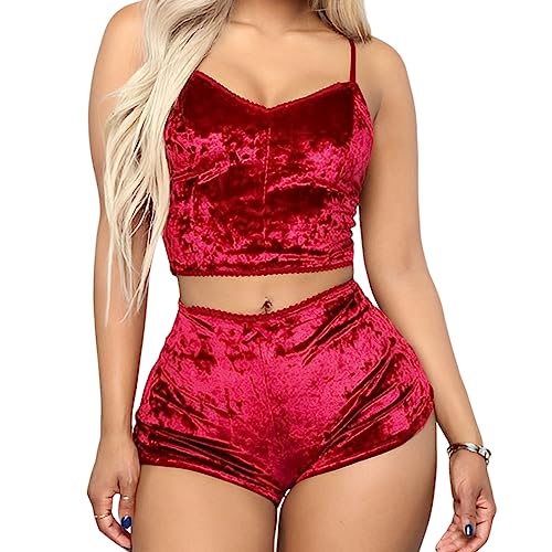 SamHeng 2PCS Short Pajama Set for Women, Sexy Velvet Camisole and Shorts Sleepwear for Ladies V Neck Lingerie Sleeveless Crop Top Nightwear-Red