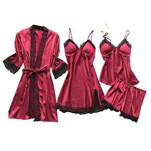 Women Silk Dress Robe Sleepwear Pajamas Set Lace Nightdress Lingerie plus Size Boudoir Lingerie Long Torso Red