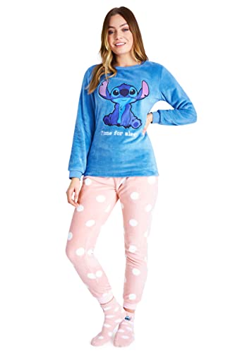 Disney Womens Pyjamas, Fleece Loungewear and Fluffy Socks Stitch Gift Set (Blue/Pink Stitch, L)