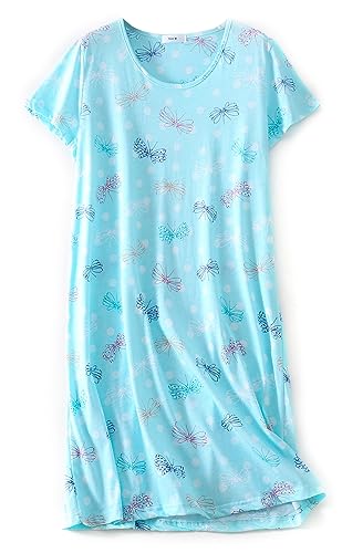CHUNG Women Nightdress Ladies Nighties Short Sleeve Sleep Tee Shirt Soft Nightgown Cute Pattern Summer Sleepwear Blue Butterfly M