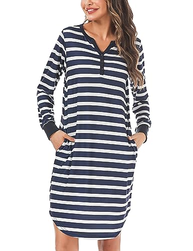 Nieery Long Sleeve Night Dress Womens, Ladies Nighties Cotton Nightdresses Plus Size, Y Neck T-Shirt Lounge Wear Dress Nightshirts (Navy+White, L)