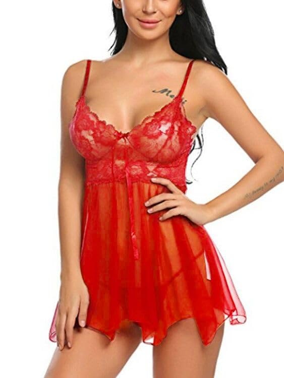 Bunanphy Babydolls Sexy Lingerie Set Women's Nightwear Night Dress Lingerie Set Red#A 20-22