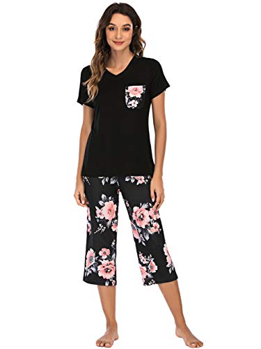 Famulily Ladies Pyjamas Set Short Sleeve Pj Set Soft Sleepwear Casual Top & Floral Cropped Pants Super Soft Sleepwear Loungewear Cotton Nightwear Black L