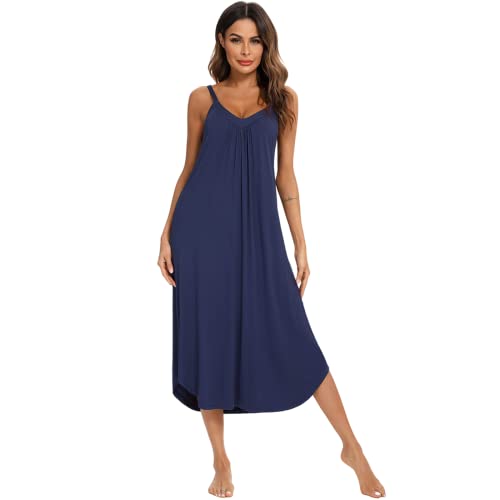 Jlowesun Night Dress Women UK,Soft Cotton Nighties with Wavy Hemline,V-Neck Full Slip Loose Stretchy Strappy Women's Nightwear M Navy Blue