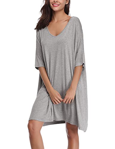 Irdcomps Women's Nightdress Cotton Sleep Shirt Comfy Nightshirts Sleepwear 3/4 Sleeve Nightwear Summer Oversized Loungewear Nightgown Grey L