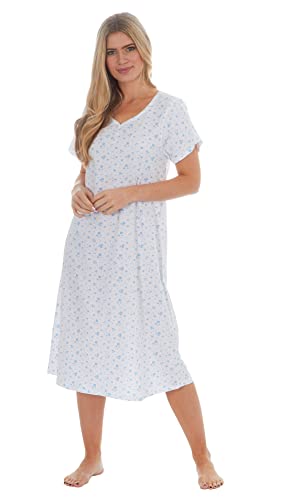 i-Smalls Women's Floral Nightdress 100% Cotton Short Sleeve Button Front Nightie (22-24) Blue