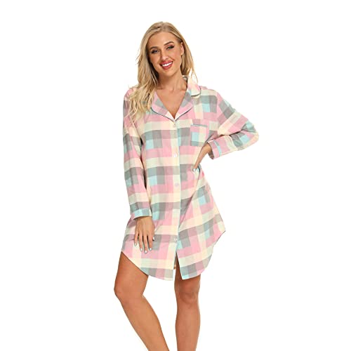 Misscoo Women's Cotton Sleep Shirt, Long Sleeve Button-Down Nightshirt ，Flannel Night Shirt (Five Sizes) Yellow