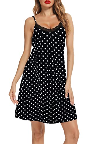 Lovasy Women's Nightdresses Soft Nighties for Women Night Dress with Lace Ladies Nightdresses Nightwear Chemise Nighties for Women Strap Negligee,Polka Dot,L