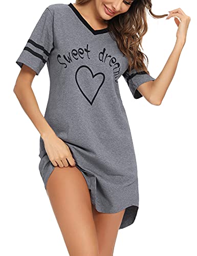 Litherday Women's Nightdresses Nightshirt Cotton Nightwear Comfy Nighties Sleepwear Short Sleeve Pajama Night Dress Nightgown Loungewear(Dark Gray,XXL