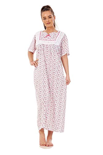 Apparel Women Nightwear Floral Print 100% Cotton Short Sleeve Long Nightdress M to XXXL Pink