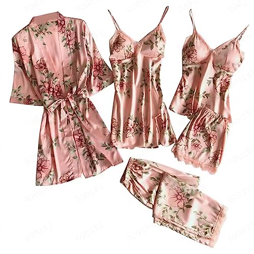 Pajamas Sets For Women 5 Piece Satin Lounge Suit Camis Tops Shorts Trousers Nightdress Bathrobe Sleepwear Set Floral Print Homewear Sets Lightweight Loose Nightwear Sets Sale Clearance Pink S