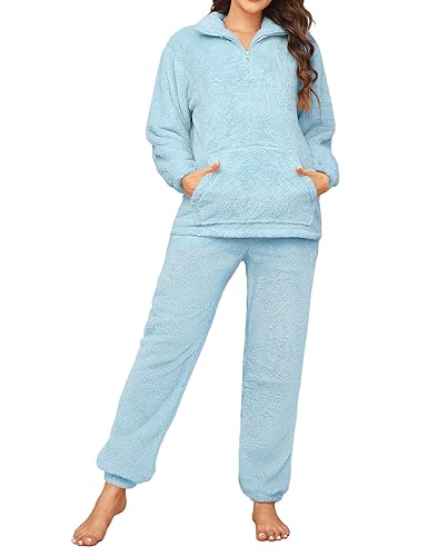 TOMEEK Womens Pyjamas Sets with Pocket Warm Cosy Soft Fleece Pyjamas 2 Piece Nightwear Loungewear Girls Pjs Sets Fluffy Fleece Sleepwear Pyjamas for Ladies,Blue,Size XL