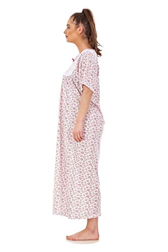 Apparel Women Nightwear Floral Print 100% Cotton Short Sleeve Long Nightdress M to XXXL Pink