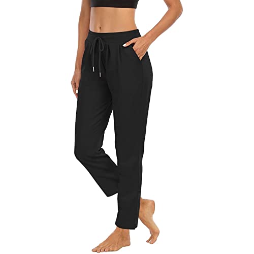 Women's Yoga Joggers UK Clearance Lightweight Plain Tracksuit Bottoms Sport Pants Running Joggers with Pockets Solid Sweatpants Tapered Leg Drawstring Trousers Sweat Pants Ladies Black