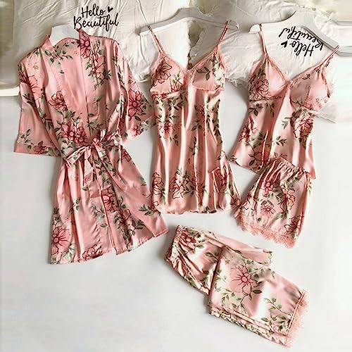 Pajamas Sets For Women 5 Piece Satin Lounge Suit Camis Tops Shorts Trousers Nightdress Bathrobe Sleepwear Set Floral Print Homewear Sets Lightweight Loose Nightwear Sets Sale Clearance Pink S