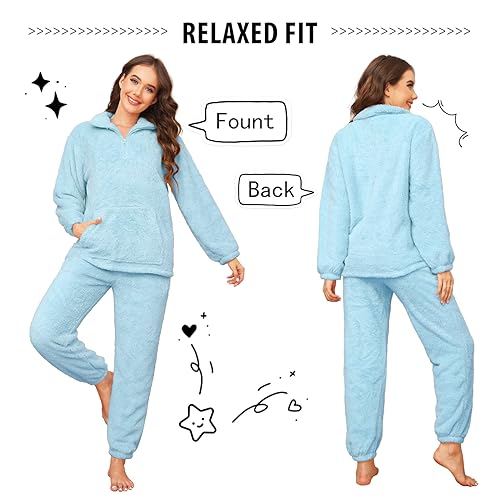 TOMEEK Womens Pyjamas Sets with Pocket Warm Cosy Soft Fleece Pyjamas 2 Piece Nightwear Loungewear Girls Pjs Sets Fluffy Fleece Sleepwear Pyjamas for Ladies,Blue,Size XL